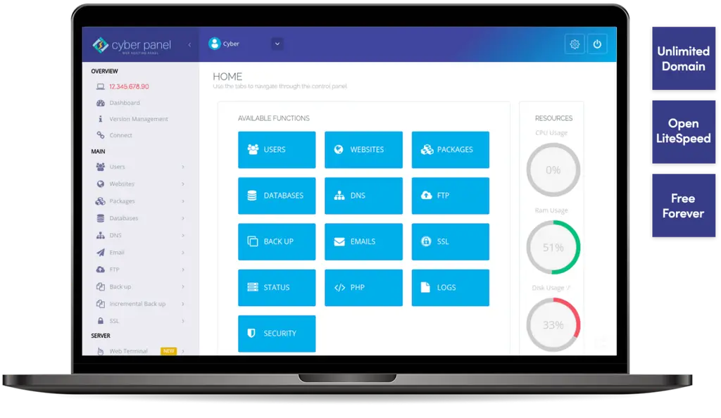 หน้าจอแผงควบคุม CyberPanel สำหรับจัดการเว็บไซต์ โดเมน อีเมล และฐานข้อมูล