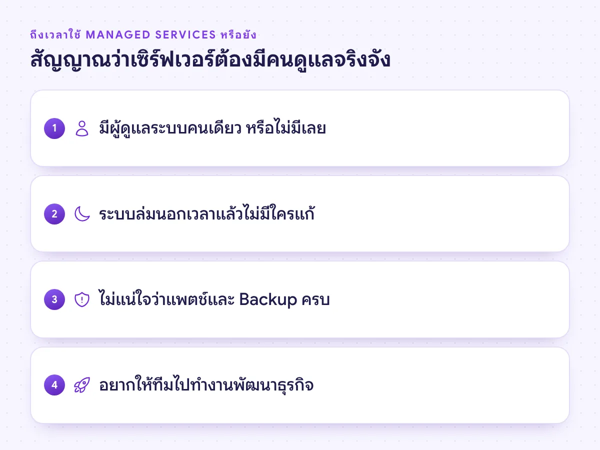 สัญญาณว่าถึงเวลาใช้ Managed Services รับดูแลเซิร์ฟเวอร์ ผู้ดูแลระบบคนเดียว ระบบล่มนอกเวลา และแพตช์ไม่ครบ
