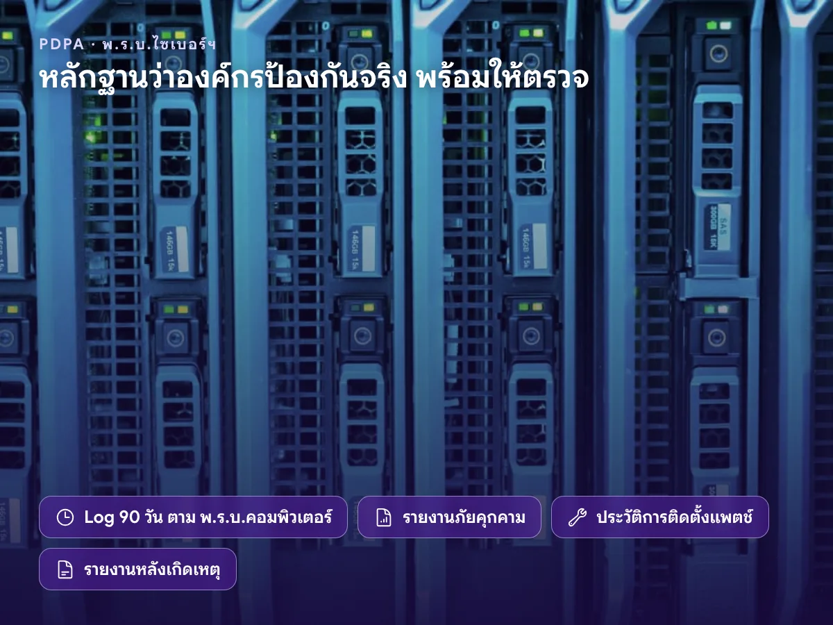 หลักฐานตาม PDPA และ พ.ร.บ.ไซเบอร์ฯ Log 90 วัน รายงานภัยคุกคาม ประวัติแพตช์ และรายงานหลังเกิดเหตุ