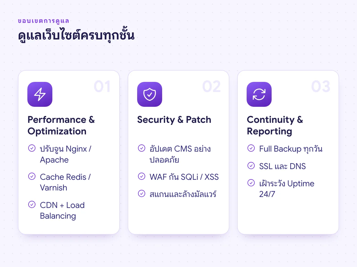 ขอบเขต Managed Web Services ด้าน Performance, Security & Patch และ Continuity & Reporting