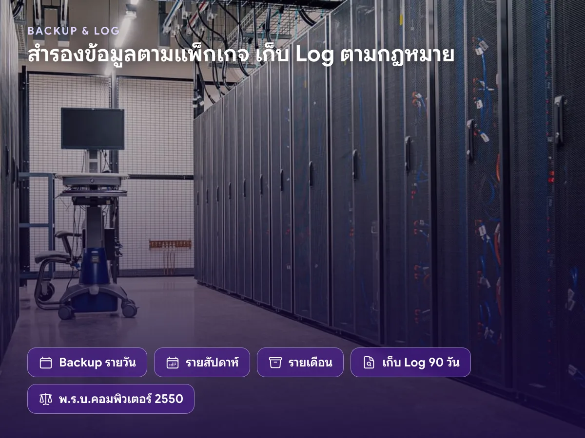 ห้องเซิร์ฟเวอร์ Data Center สำรองข้อมูลรายวัน รายสัปดาห์ รายเดือน และเก็บ Log 90 วัน