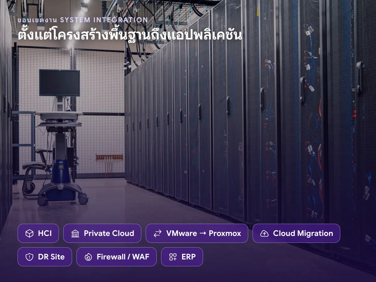 ขอบเขตงาน System Integration ได้แก่ HCI, Private Cloud, ย้าย VMware ไป Proxmox, Cloud Migration, DR Site, Firewall และ ERP