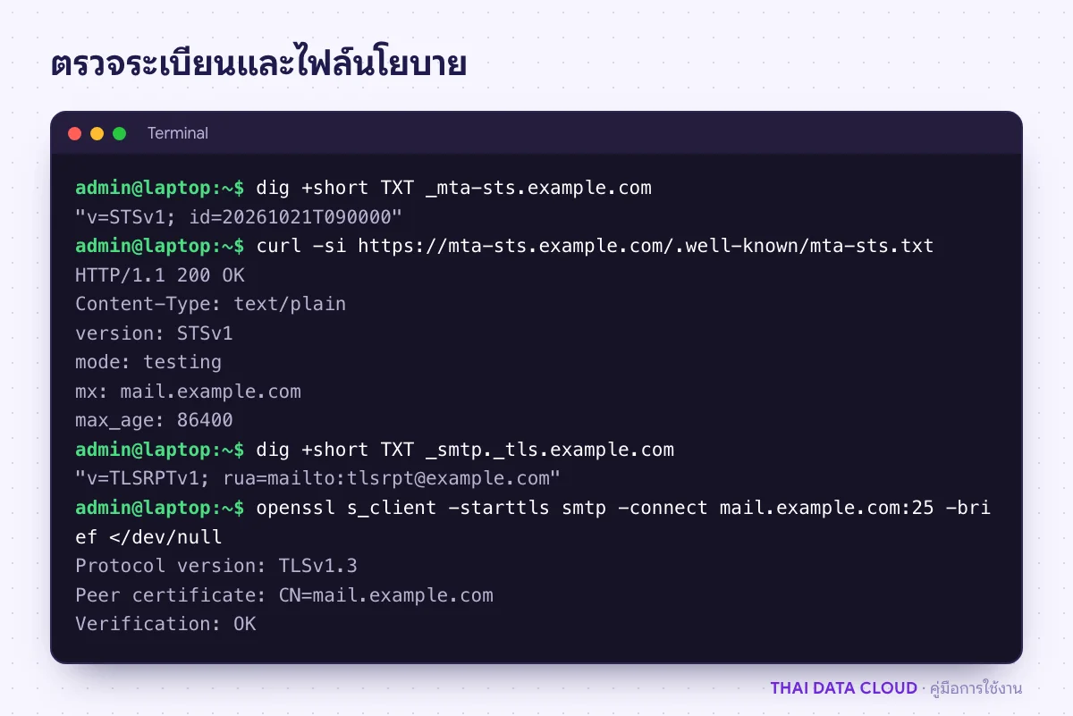 หน้าจอเทอร์มินัลตรวจระเบียน _mta-sts, ไฟล์นโยบาย MTA-STS ผ่าน curl, ระเบียน TLS-RPT และ STARTTLS ของ MX